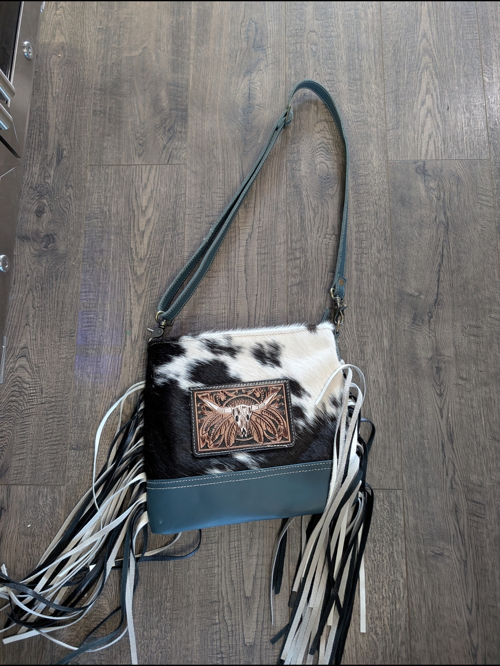 Myra Bag Black & White Cowhide Crossbody with Teal Trim and Fringe